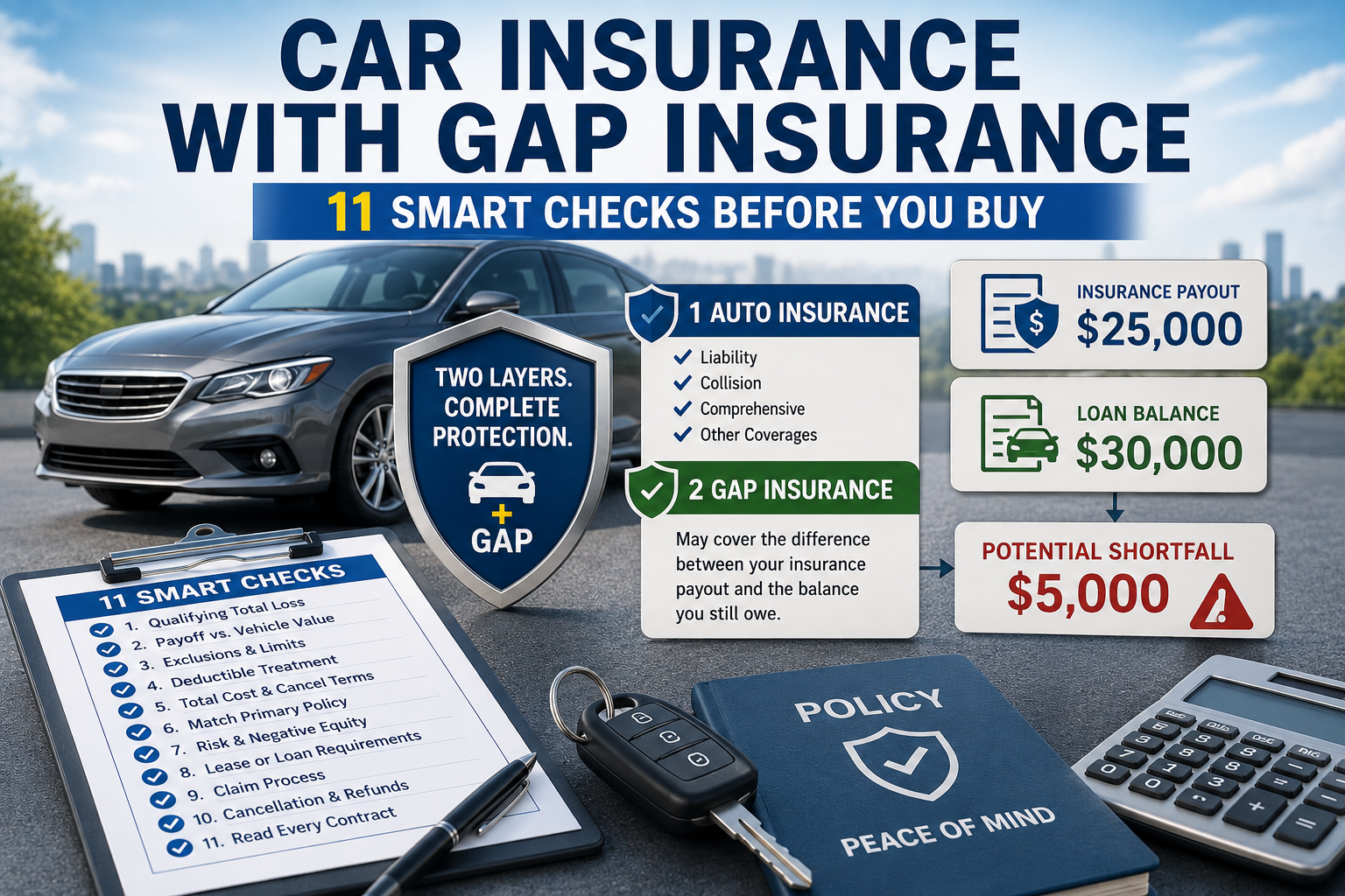 car insurance with gap insurance showing vehicle coverage, loan balance, insurance payout, potential shortfall, policy, and comparison checklist