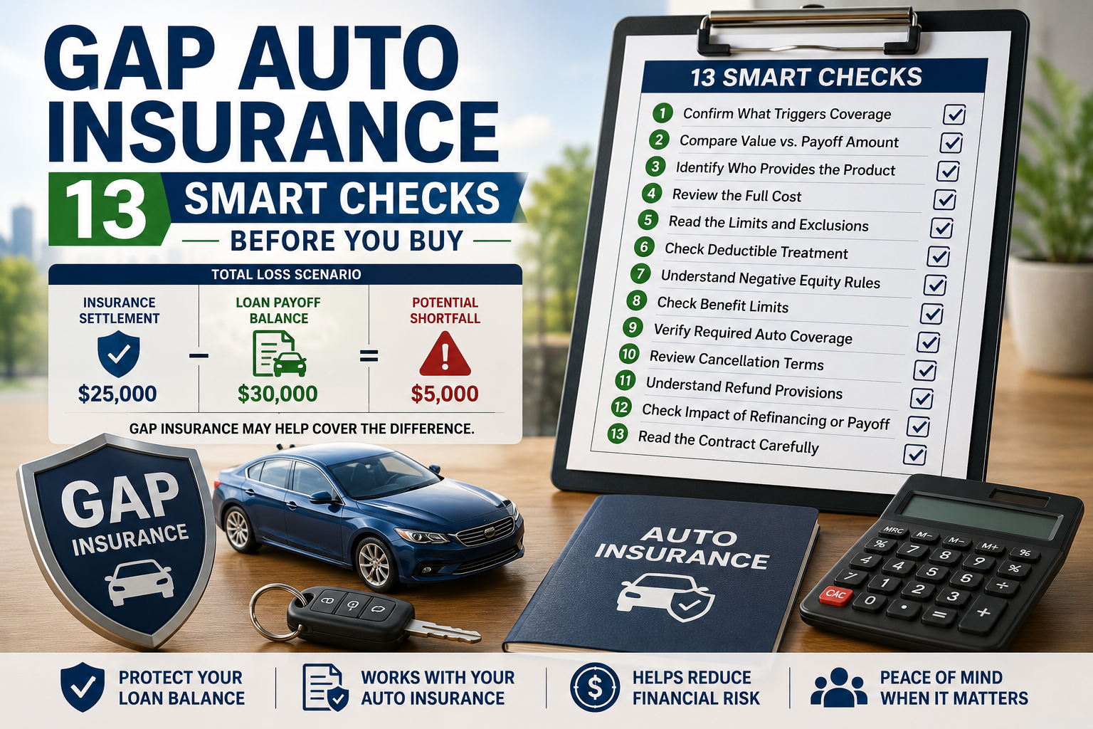 gap auto insurance showing a financed vehicle, insurance settlement, loan payoff, potential shortfall, checklist, policy, and calculator